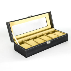 Karóratároló bőrdoboz, fekete, 6 párnával, átlátszó ablak