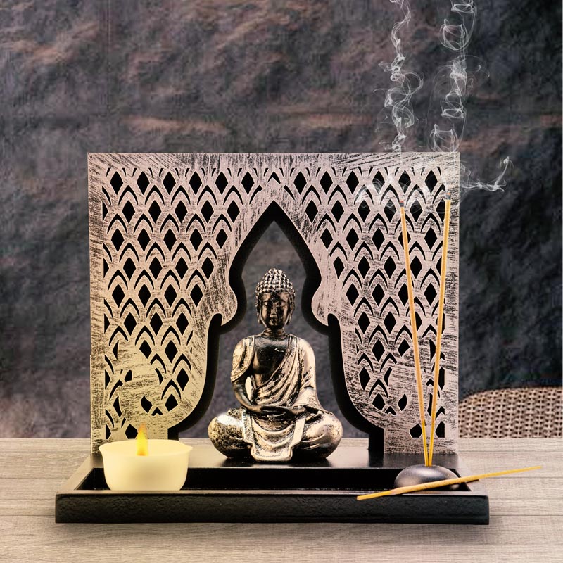 Asztali zen kert Buddha szoborral, kapuval
