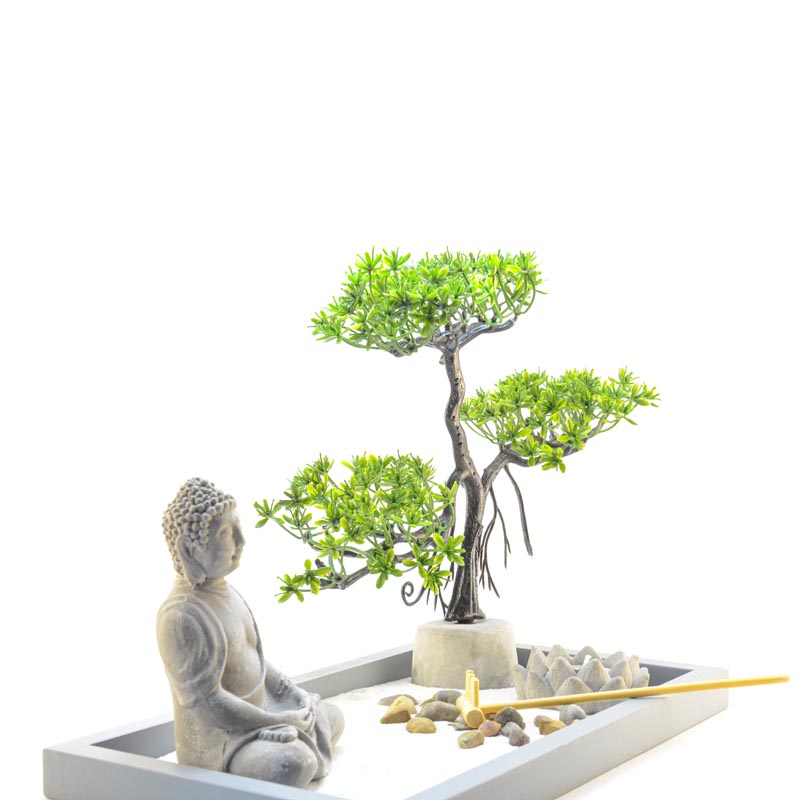 Asztali zen kert Buddha szoborral, zöld fával