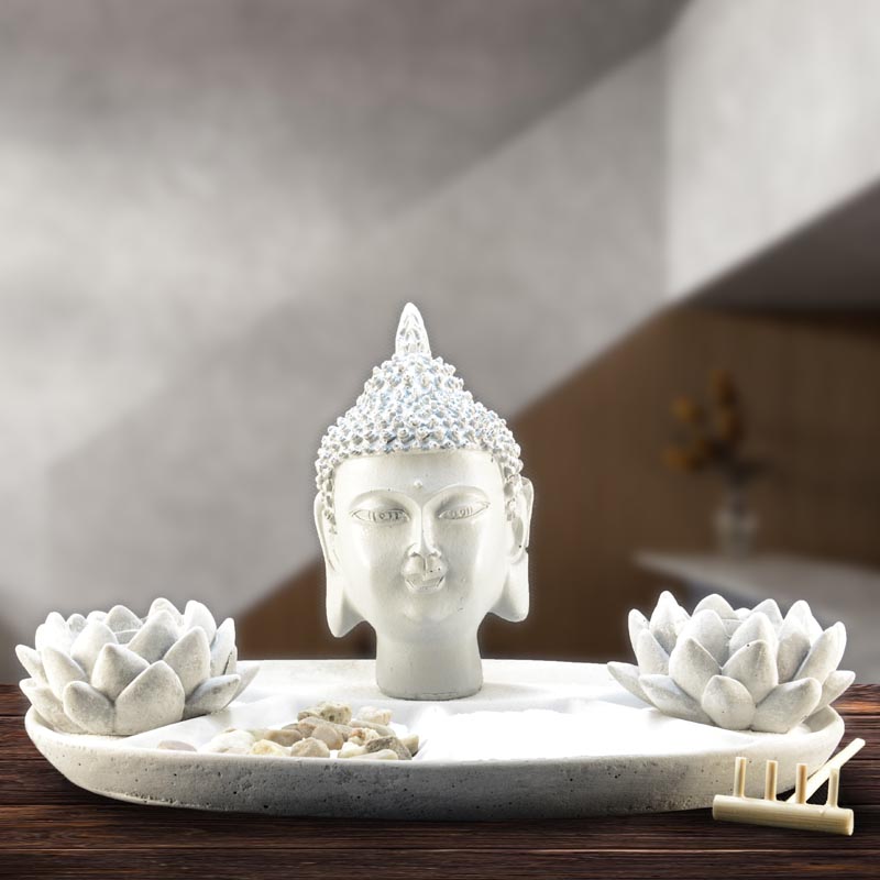 Asztali zen kert Buddha szoborral, lótuszvirággal