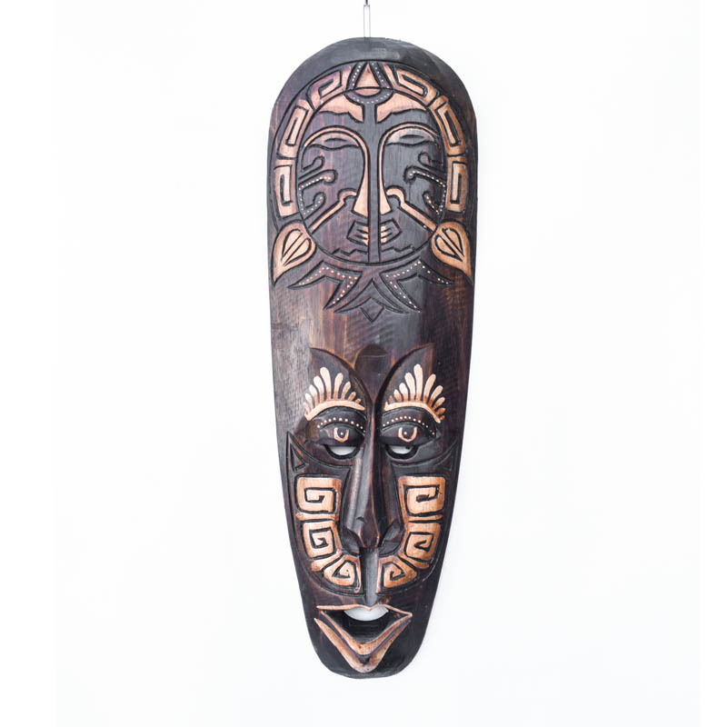 Indonéz fa maszk, Nap szimbólummal: Egy tradicionális indonéz da masz maszk, melyen a nap szimbóluma is látható, gazdagon díszített formában