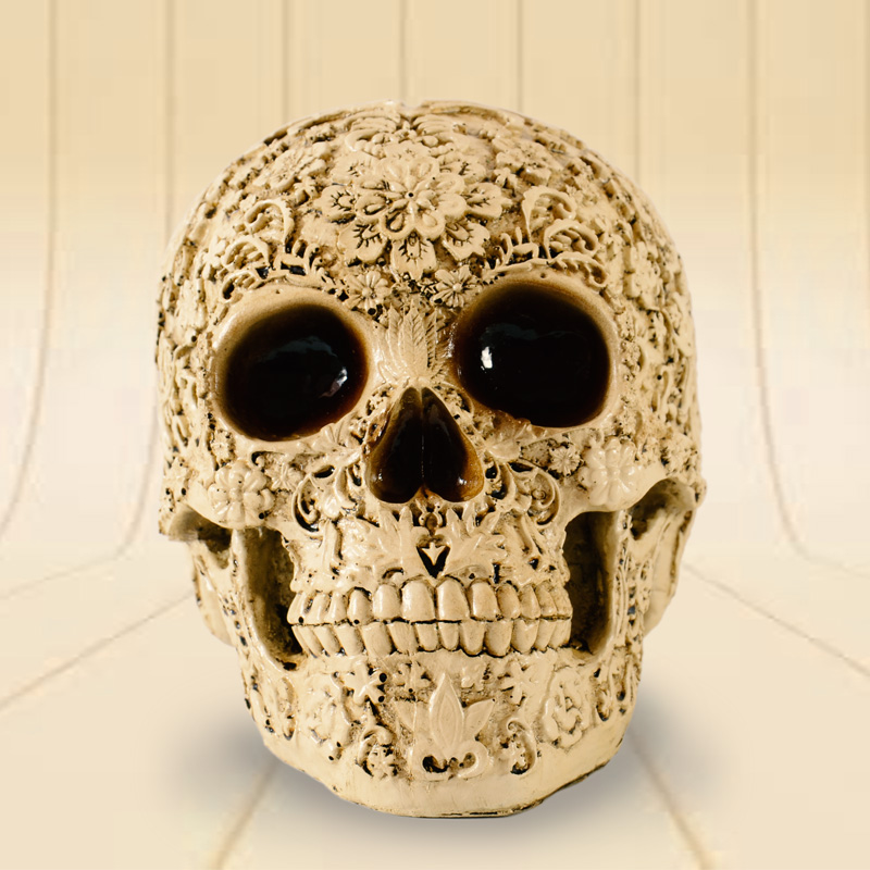 Virágmintás faragott koponya műgyantából | Sugar skull | Mexikói halottak napja koponya | Cukor koponya | Calevara