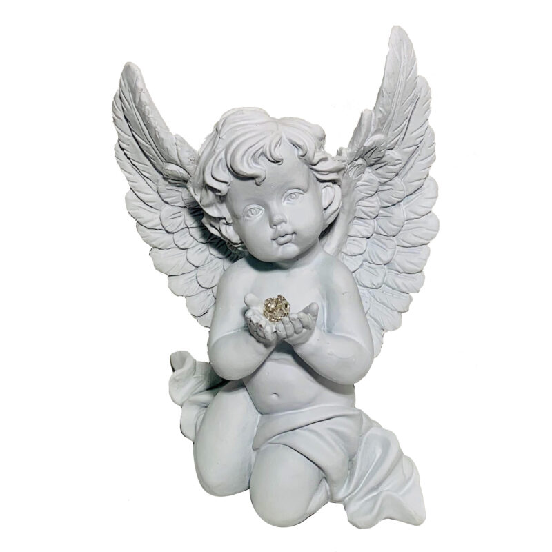 Gömböt tartó, fehér angyal szobor · Gipsz angyal szobor