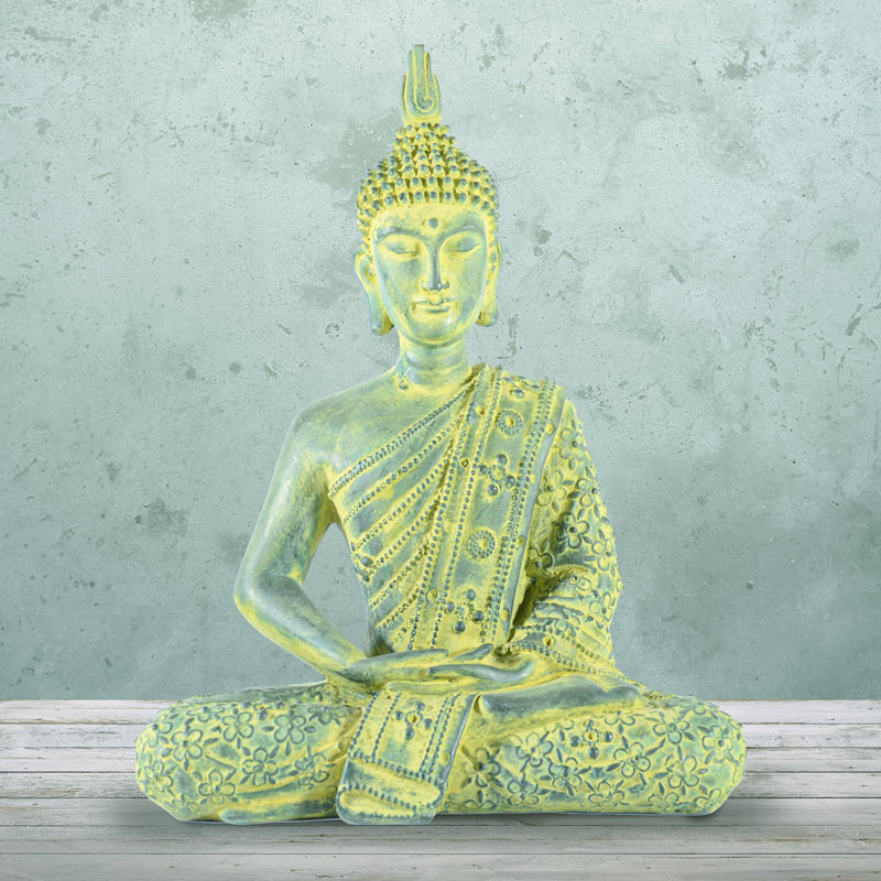Zöld-sárga, antikolt, kerti Buddha szobor | Szerencsehozó Buddha szobor | Gyógyító Buddha szobor