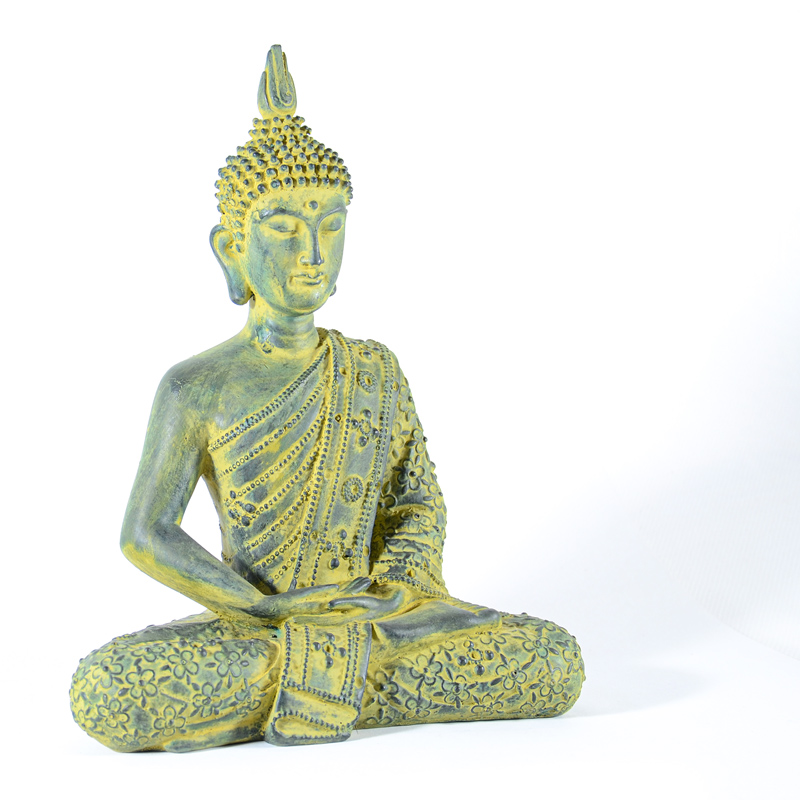 Zöld-sárga, antikolt, kerti Buddha szobor | Szerencsehozó Buddha szobor | Gyógyító Buddha szobor